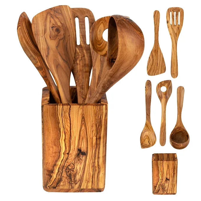 Set of 5 Utensils with Utensil Holder Square made of Olive Wood
