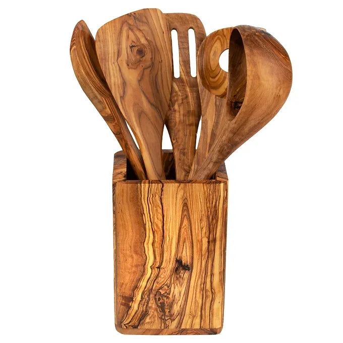 Set of 5 Utensils with Utensil Holder Square made of Olive Wood