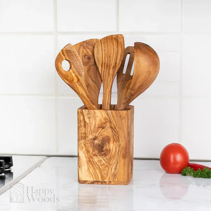 Set of 5 Utensils with Utensil Holder Square made of Olive Wood