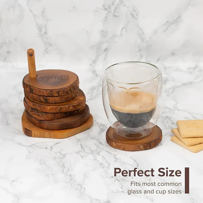 Rustic coasters with holder made of Tunisian Olive Wood, set of 6