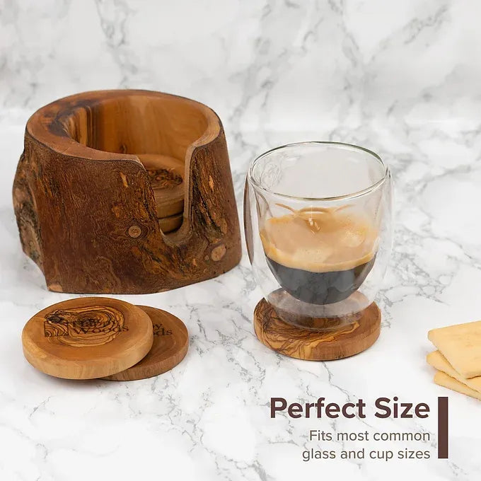 coasters with rustic holder made of Tunisian Olive Wood, set of 6