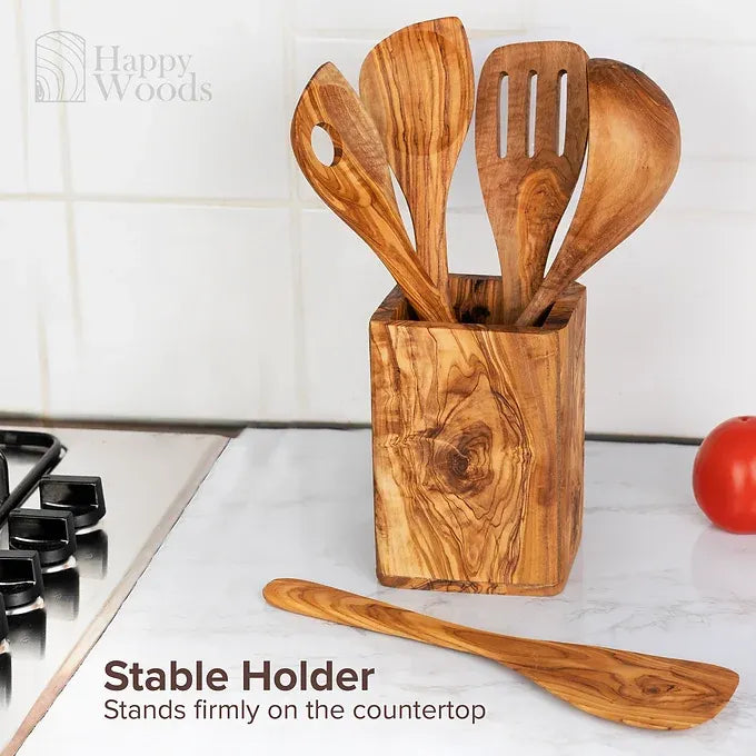 Set of 5 Utensils with Utensil Holder Square made of Olive Wood