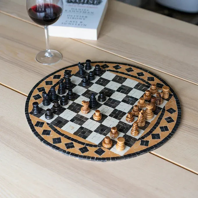 Mosaic Chess Set handmade of natural stones with Olive Wood Chess Pieces