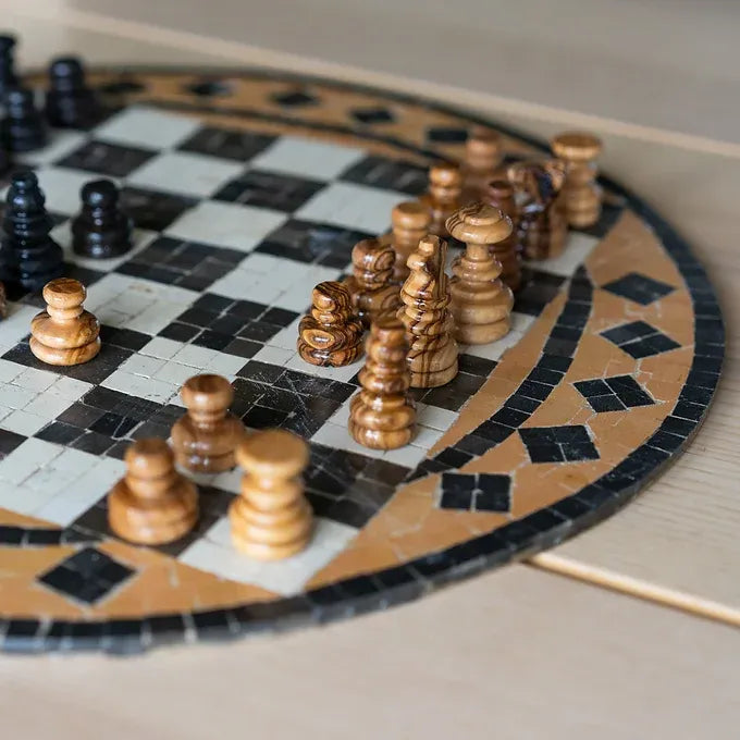 Mosaic Chess Set handmade of natural stones with Olive Wood Chess Pieces