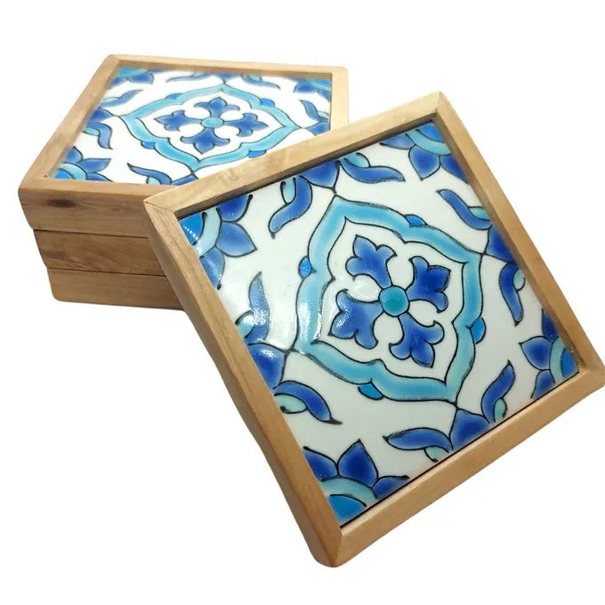 Set of 4 Olive wood and Ceramic Serving Classic Coasters