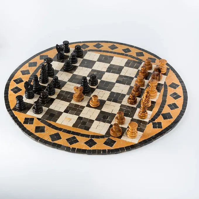 Mosaic Chess Set handmade of natural stones with Olive Wood Chess Pieces