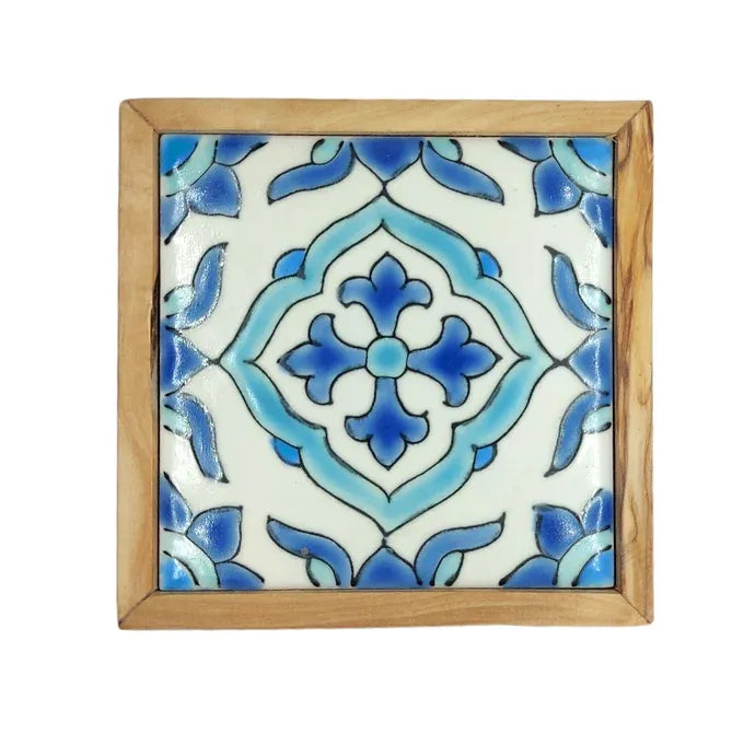 Set of 4 Olive wood and Ceramic Serving Classic Coasters