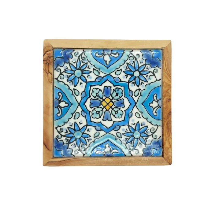 Set of 4 Olive wood and Ceramic Serving Classic Coasters