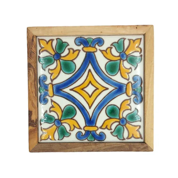 Set of 4 Olive wood and Ceramic Serving Classic Coasters