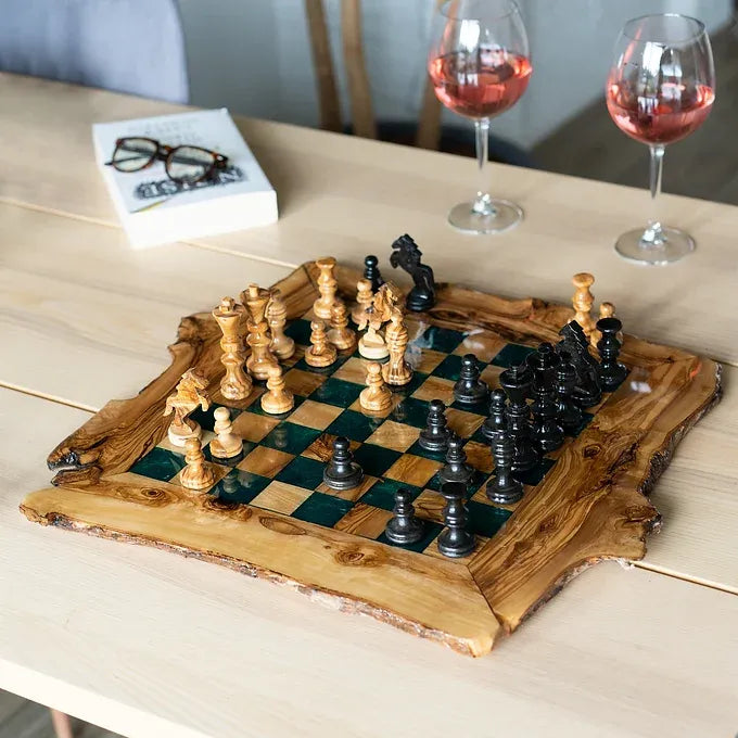 Rustic Glossy Wood Chess Set with Rough Edges