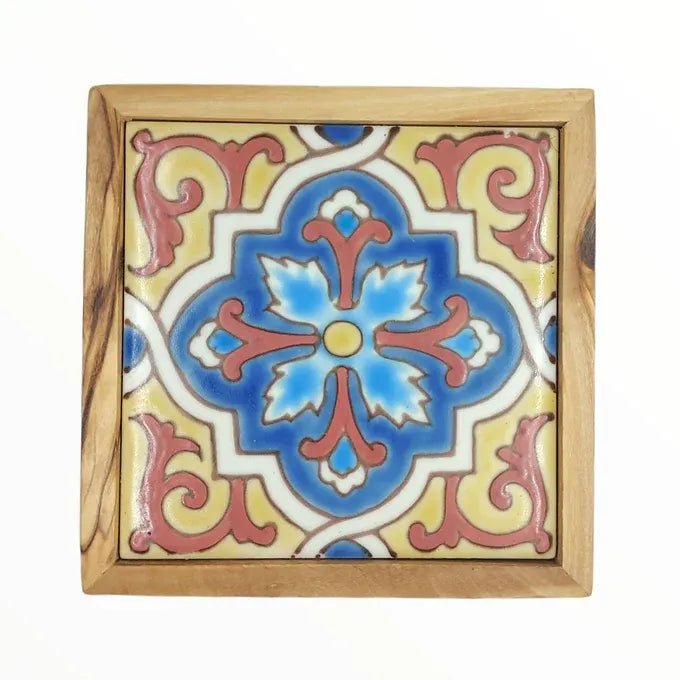 Set of 4 Olive wood and Ceramic Serving Classic Coasters