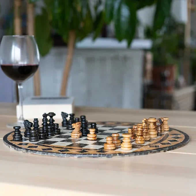 Mosaic Chess Set handmade of natural stones with Olive Wood Chess Pieces