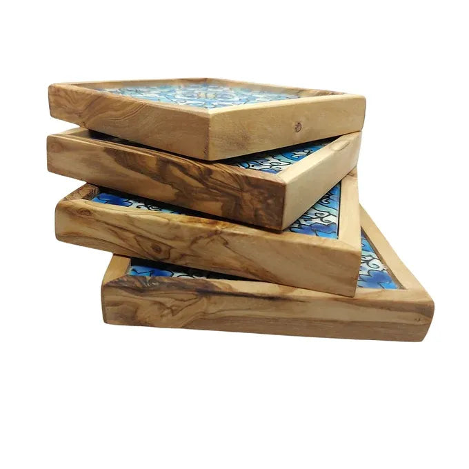 Set of 4 Olive wood and Ceramic Serving Classic Coasters