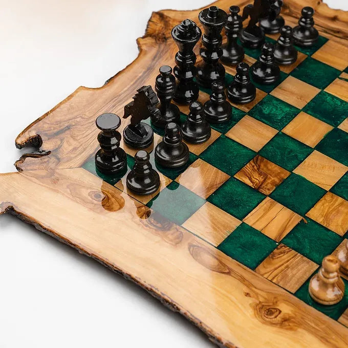 Rustic Glossy Wood Chess Set with Rough Edges