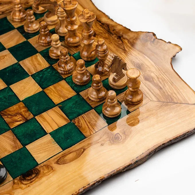 Rustic Glossy Wood Chess Set with Rough Edges