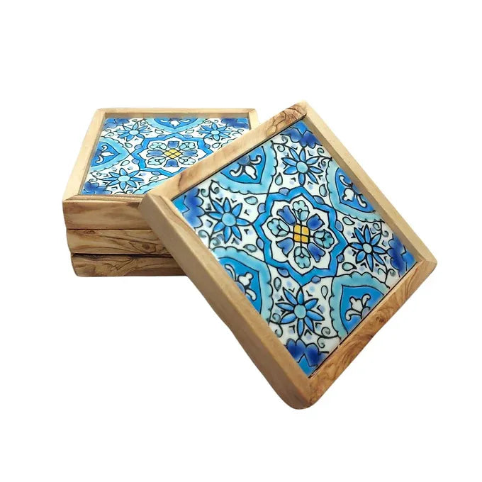 Set of 4 Olive wood and Ceramic Serving Classic Coasters